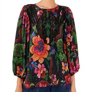 FARM Rio Multicolor Floral Blouse with Black Lace